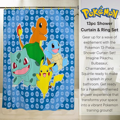 Pokemon Anime 13-Piece Shower Curtain Set, 72 x 72 Inch Fabric Curtain with Hooks, Bathroom Decor, Machine Washable, (100% Officially Licensed Product) by Franco Collectibles