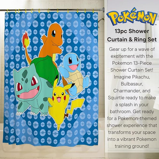 Pokemon Anime 13-Piece Shower Curtain Set, 72 x 72 Inch Fabric Curtain with Hooks, Bathroom Decor, Machine Washable, (100% Officially Licensed Product) by Franco Collectibles