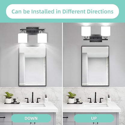 SILAMPDI Black Bathroom Lighting Fixtures Over Mirror, Modern 2-Light Vanity Lights Fixtures Rustproof Wall Sconces Light for Bedroom, Hallway, Milky White Glass Shades, E26 Base, Bulbs Not Included