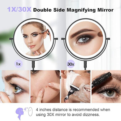 5000mAh Rechargeable Wall Mounted Makeup Mirror - 8 Inch Double Sided 1X/30X Magnifying Mirror with 3 Color Lights Dimmable Touch Screen, 360°Swivel 19.6 Inch Extendable Accordion Bathroom Mirror