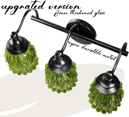 3-Light Bathroom Vanity Light Fixture Wall Mounted Mirror Front Lamp | with Water-Lily Shaped Green Crystal Glass Shade, Modern Black Antique Finish Lamp for Mirror Kitchen Living Room Hallway