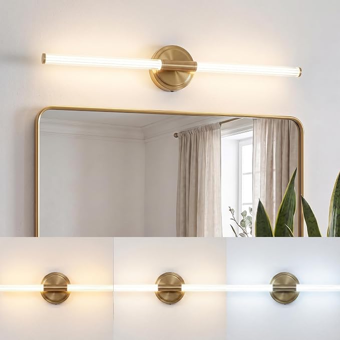 URSOLA 32" Modern LED Bathroom Light Fixtures, Golden 3CCT Dimmable Bathroom Vanity Light Over Mirror, Bathroom Vanity Bath Bar Lights with 360° Removable Acrylic Light Tube