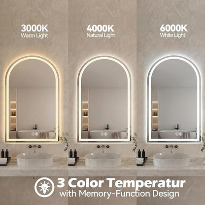 DUMOS 24"×32" LED Bathroom Mirror with Lights, Arched Vanity Mirror with Anti-Fog, Dimmable, 3-Color Light, Memory Function, Tempered Glass
