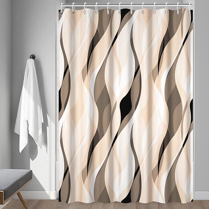 Cream Shower Curtain, Modern Abstract Cream and Grey Striped Shower Curtain Set for Bathroom Waterproof Polyester Shower Curtain with Hooks, 72x96 Inch
