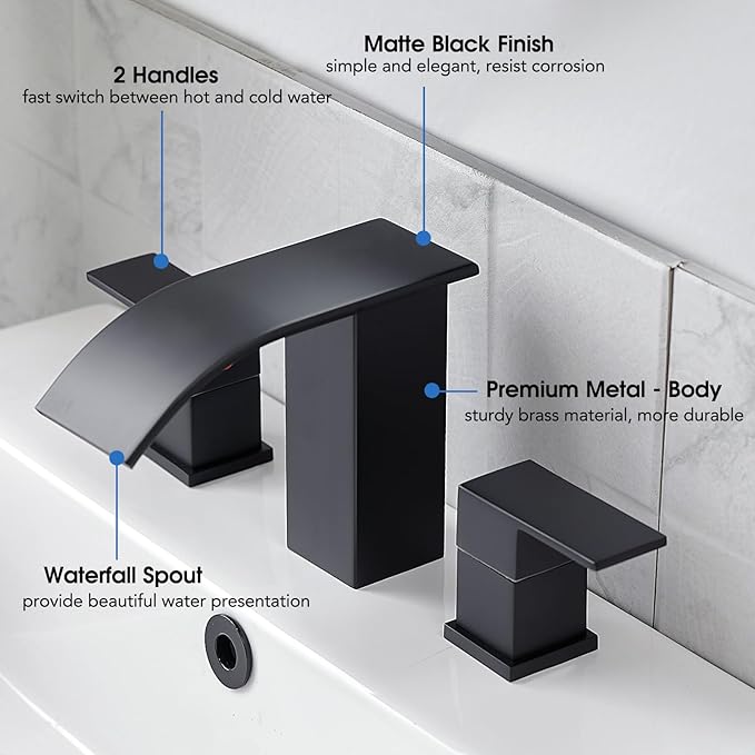 RUMOSE 8 inch Bathroom Faucets Set Matte Black Bathroom Sink Faucet 3 Hole with Pop Up Drain Widespread 2 Handles Stainless Steel Lavatory Vanity Faucet Waterfall Spout Deck Mounted