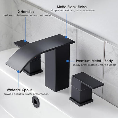 RUMOSE 8 inch Bathroom Faucets Set Matte Black Bathroom Sink Faucet 3 Hole with Pop Up Drain Widespread 2 Handles Stainless Steel Lavatory Vanity Faucet Waterfall Spout Deck Mounted