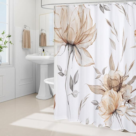Litabel Extra Long Boho Watercolor Floral Shower Curtain 72 x 84, Light Brown and Grey Ink Painting Style Flower Shower Curtains for Chic Elegant Bathroom, Artistic XL Fabric Cloth Shower Curtain