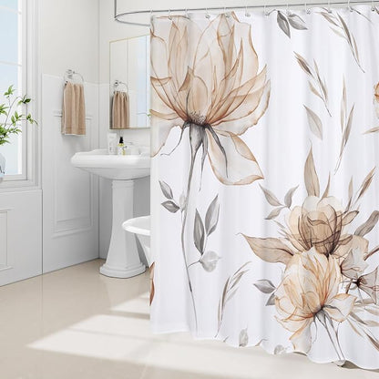 Litabel Long Boho Watercolor Floral Shower Curtain 72 x 78, Light Brown and Grey Ink Painting Style Flower Shower Curtains for Chic Elegant Bathroom, Artistic Tan 78 Inch Long Fabric Shower Curtain