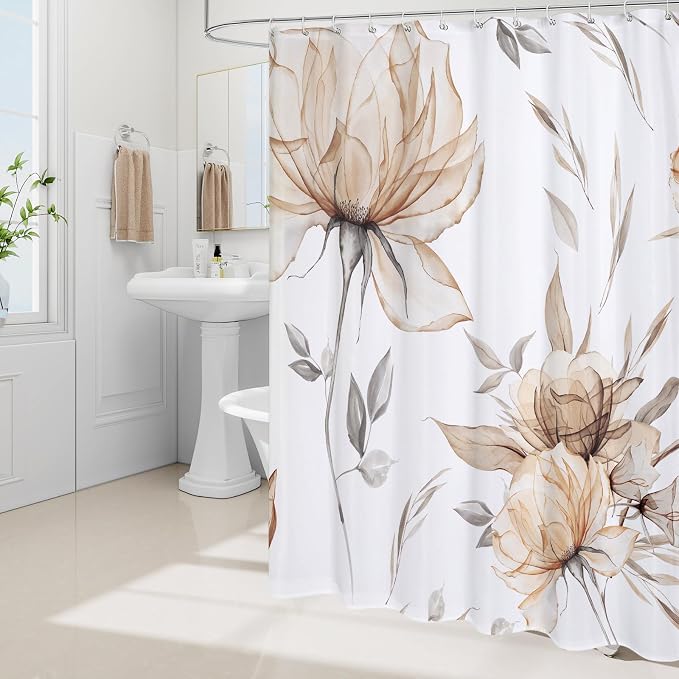 Light Brown Floral Shower Curtain, Watercolor Botanical Design, 36 x 72 | Boho Floral Design, Watercolor Ink Painting Style, Botanical Flowers & Leaves, Elegant Bathroom Accent, Fabric Cloth Curtain
