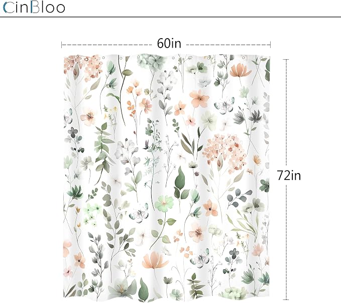 Cute Green Pink Floral Wildflower Watercolor Bathroom Shower Curtain Set | 60"W x 72"H Boho Butterfly; waterproof HD print, quick-dry fabric and plastic hooks for easy setup.