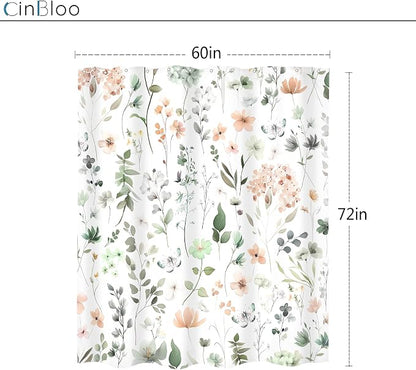 Cute Green Pink Floral Wildflower Watercolor Bathroom Shower Curtain Set | 60"W x 72"H Boho Butterfly; waterproof HD print, quick-dry fabric and plastic hooks for easy setup.