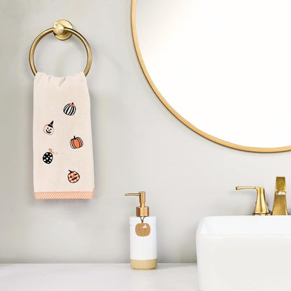 SKL Home Halloween Tossed Pumpkins Hand Towel Set-2pc, 100% Cotton, Taupe | Soft, embroidered velour. Great for the bathroom, kitchen or bar & gifting.