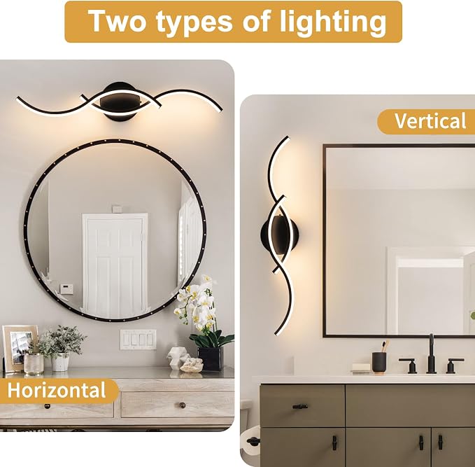 Black Curved Curved 5CCT Bathroom Vanity Light Fixture Over Mirror, 23.62 inch Modern LED Wall Lamp Dimmable Bathroom Light Fixture Modern Wall Sconces
