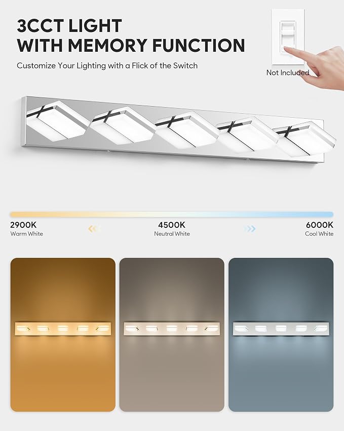 VONLUCE LED Modern Bathroom Vanity Light Fixture, Chrome | 34'', 5-Light, 3CCT, 360° Rotate, High CRI, Flicker-free, Dimmable, Memory Function, Waterproof IP44, Easy Installation