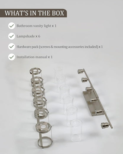 6-Light Brushed Nickel Bathroom Light Fixtures Over Mirror with Clear Glass and Metal Cage Shade, 42" UL-Listed Modern Farmhouse Wall Sconce for Bath, Hardwire E26, OS-3014BN-6W