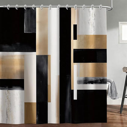 Black and Gold Abstract Shower Curtain Set, Modern Art Aesthetic Oil Painting Shower Curtain, Boho Neutral Artistic Fabric Waterproof Bathroom Curtains with 12PCS Hooks 72X72IN Brown Beige