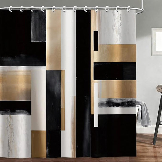 Black and Gold Abstract Shower Curtain Set, Modern Art Aesthetic Oil Painting Shower Curtain, Boho Neutral Artistic Fabric Waterproof Bathroom Curtains with 12PCS Hooks 72X72IN Brown Beige