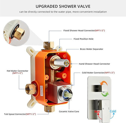 Brushed Nickel Rainfall Shower Faucet Set with Tub Spout 12 Inch, Shower Head and Handle with 2 Hooks for Bathroom Rain Shower and Handheld Shower System Square Wall Mount