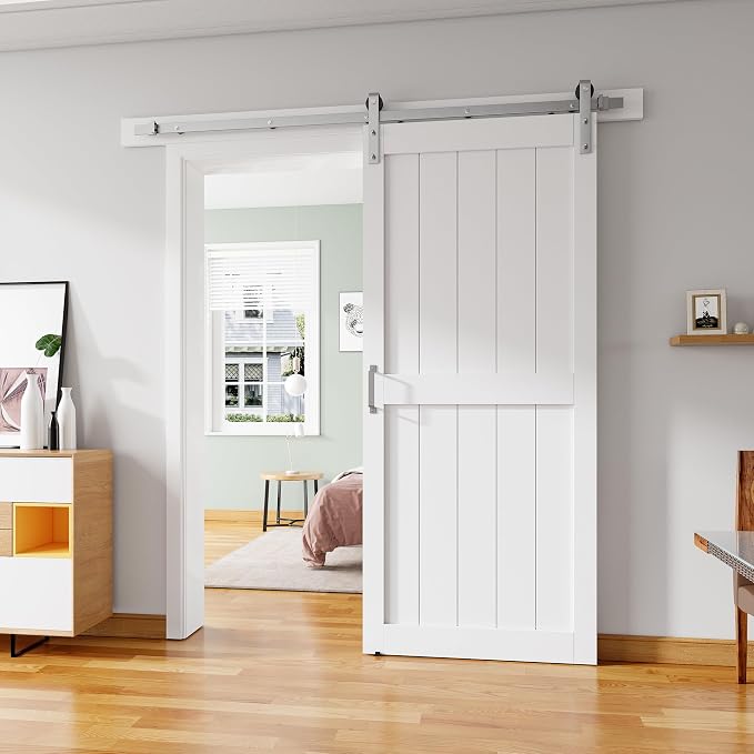 36''x84'' Sliding Barn Door with 6.6 Ft Brushed Nickel Hardware | Pre-Drilled Holes Easy Assembly - Include Installation Manual, Water-Proof PVC Surface, H-Frame, White