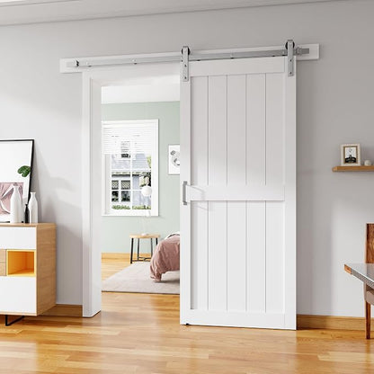 38''x84'' Sliding Barn Door with 6.6 Ft Brushed Nickel Hardware | Pre-Drilled Holes Easy Assembly - Include Installation Manual, Water-Proof PVC Surface, H-Frame, White
