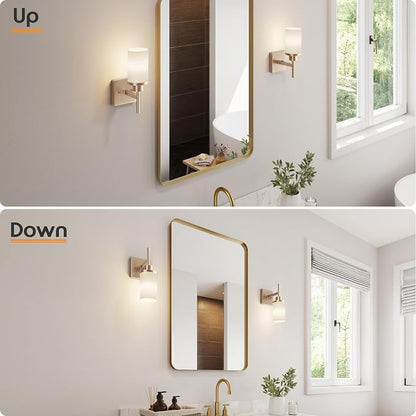 Vanity Lighting Fixtures with White Frosted Glass Shade, Champagne Bronze Wall Lamps for Bathroom Mirror Bedroom Living Room Porch, 2 Pack T001CPG-L1-P2