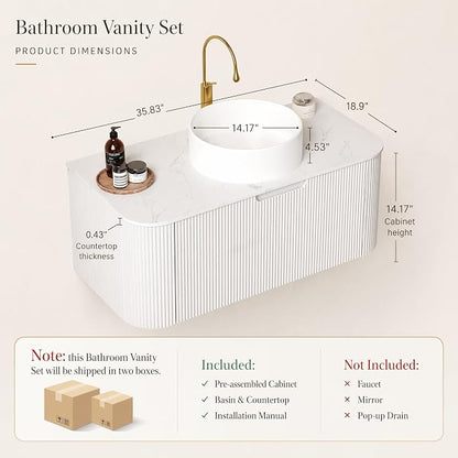 36 Inch Bathroom Vanity with Sink, Floating Wall Mounted Single Sink Vanity, White Curved Fluted Front, Stone Top, Pure White Round Vessel Basin, Pre-Assembled