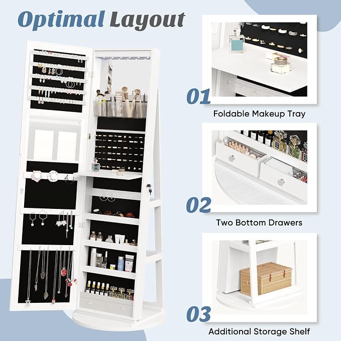 DUMOS 6 LEDs Standing Jewelry Armoire Cabinet, Full Length Mirror, Lockable | 360° Swivel, Jewelry Organizer and Storage, Build-in Mirror, Foldable Makeup Tray, Additional Storage Shelf, White