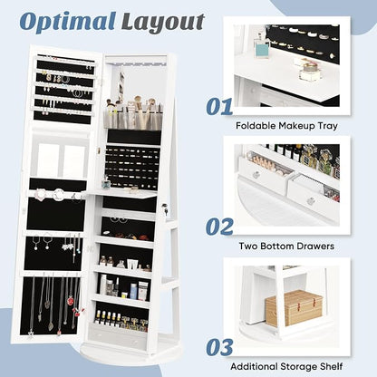 DUMOS 6 LEDs Standing Jewelry Armoire Cabinet, Full Length Mirror, Lockable | 360° Swivel, Jewelry Organizer and Storage, Build-in Mirror, Foldable Makeup Tray, Additional Storage Shelf, White