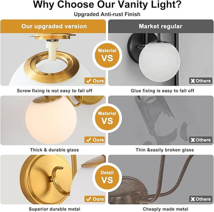 2-Pack Wall Sconce for Bathroom, Vintage Brushed Gold Vanity Lights, Wall Mount Light Fixtures With Milk Glass Globe Shade, Indoor Wall Lights Fixture for Bedroom Living Room Mirror Hallway(G9 Incl.)