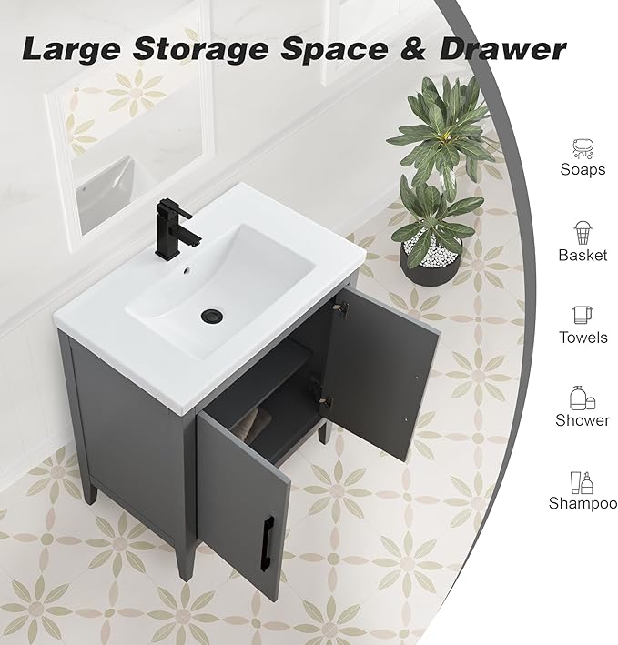 HomeBeyond 30 Inch Bathroom Vanity with Sink & Ceramic Top, Single Vanity Cabinet with Basin, Soft-Closing Doors & Matte Black Hardware, Grey