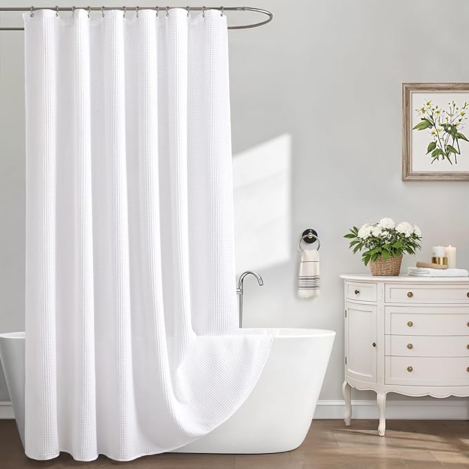 Extra Long Waffle Shower Curtain - White Cotton Texture Fabric Heavyweight Shower Curtains for Bathroom,72Wx84L