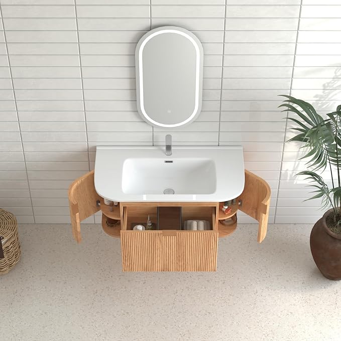 36'' Floating Bathroom Vanity with Sink, Wall Mounted Modern Bathroom Cabinet W/Curved Edges Stripes, Oak & Plywood, Pre-Assembled with Integrated Ceramic Basin – Havana, Natural Oak