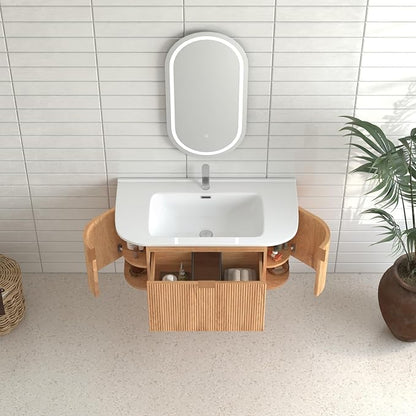 36'' Floating Bathroom Vanity with Sink, Wall Mounted Modern Bathroom Cabinet W/Curved Edges Stripes, Oak & Plywood, Pre-Assembled with Integrated Ceramic Basin – Havana, Natural Oak