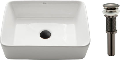 Kraus KCV-121-ORB White Rectangular Ceramic Sink with Pop Up Drain, Oil Rubbed Bronze
