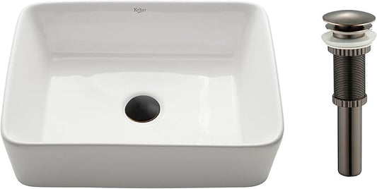 Kraus KCV-121-ORB White Rectangular Ceramic Sink with Pop Up Drain, Oil Rubbed Bronze