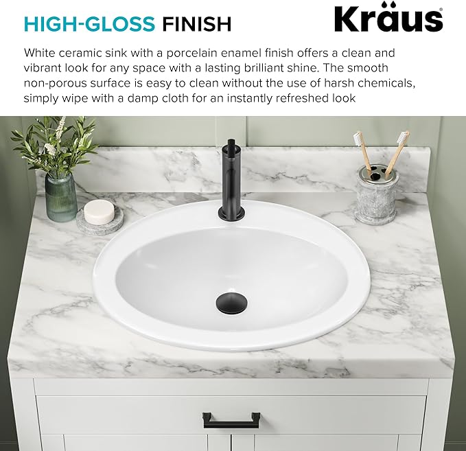 KRAUS Elavo 22 in. Oval Porcelain Ceramic Self-Rimming Drop In Bathroom Sink in White with Overflow Drain, KCT-101