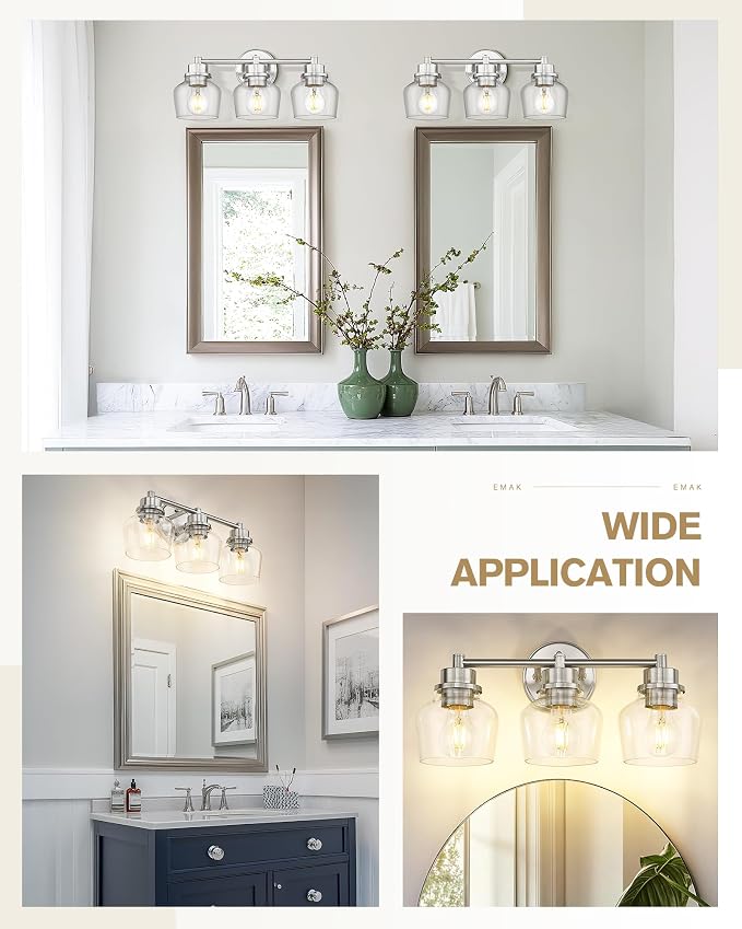 Emak Bathroom Light Fixtures Over Mirror, Brushed Nickel Vanity Light with Clear Glass Shade, 3-Light Vanity Lights for Bathroom, Mirror, Makeup Desk, VL122-BN-CG-3