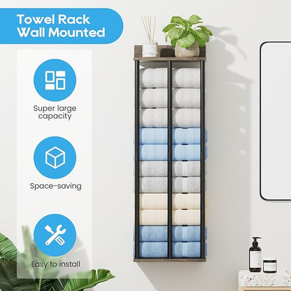 Towel Racks for Bathroom Wall Mounted with Wooden Storage Shelf, Updated 3 Bar Metal Towel Holder for Rolled Towels, Sturdy and Large Capacity, Towel Storage Organizer