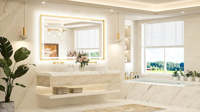 72 x 40 Bathroom LED Mirror Brushed Gold Metal Frame Frontlit & Backlit Vanity Mirror Anti-Fog Stepless Dimmable 3 Colors White/Warm/Natural Wall-Mounted