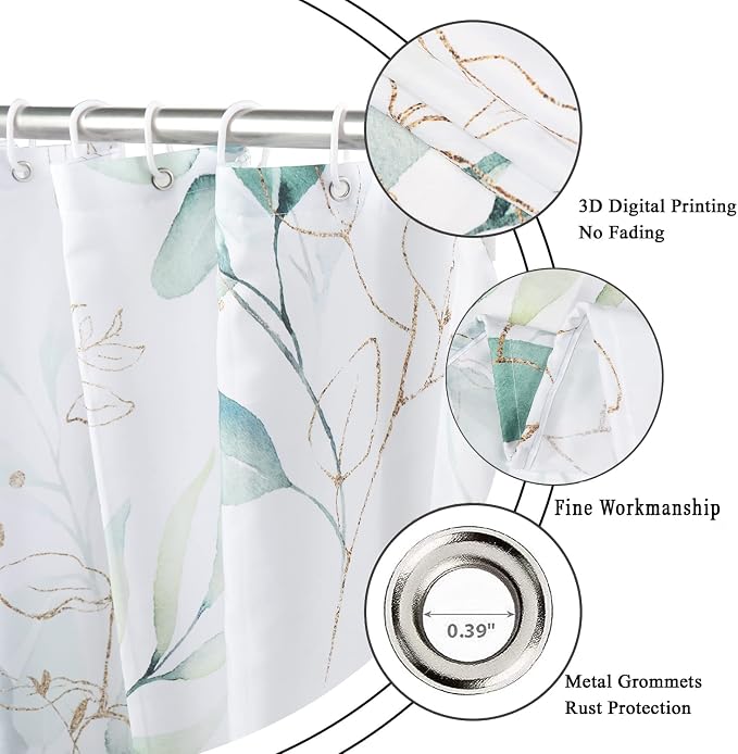 Eucalyptus Leaf Small Stall Shower Curtains(36''X72''), Weighted Bottom Sage Green Watercolor Botanical Plants with Gold Branches Spring Fabric Waterproof Hooks 72.00'' x 36.00'' (GCI-10429)
