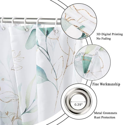 Eucalyptus Leaf Small Stall Shower Curtains(36''X72''), Weighted Bottom Sage Green Watercolor Botanical Plants with Gold Branches Spring Fabric Waterproof Hooks 72.00'' x 36.00'' (GCI-10429)