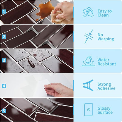 Art3d Peel and Stick Backsplash, Subway Wall Tile, 10-Pack, Dark Burgundy | 12 x 12 Inch, Water Resistant, Durable, Easy to Installation, Coastal Style, for Modern Home Decor, Kitchen, Home Improvement