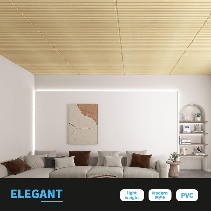 Art3d Fluted Slat 3D Wall Panels, Drop Ceiling Tiles, 12-Pack, Oak | 24" x 48" , Lightweight, Break-Proof, Compatible with Grid System, Ideal for Home, Commercial Spaces