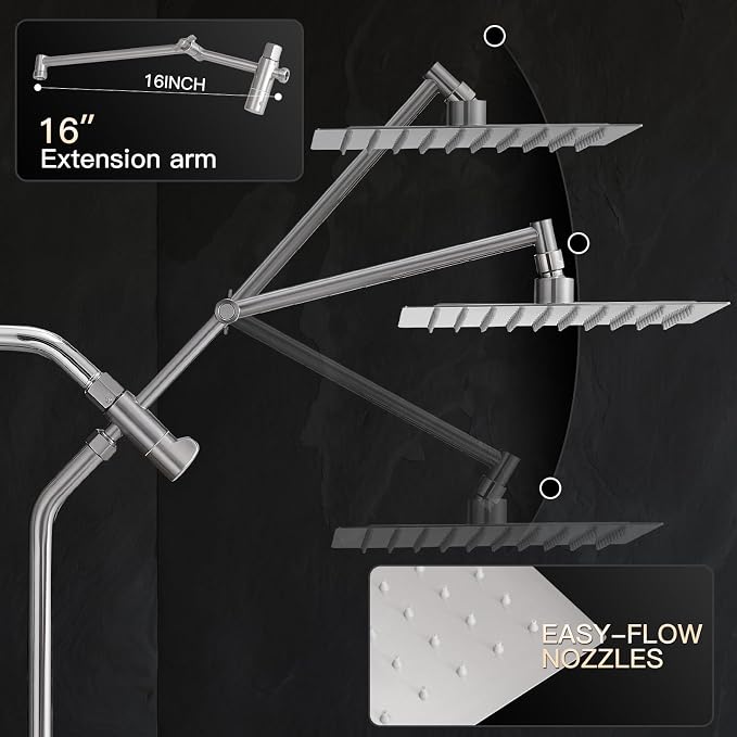 All Metal 10" Shower Head with Handheld, Built-in Power Jet Mode | Luxurious, Square, Rain Shower Heads with Spray Combo Set, High Pressure, Dual, Rainfall, with Extension Arm, Brushed Nickel
