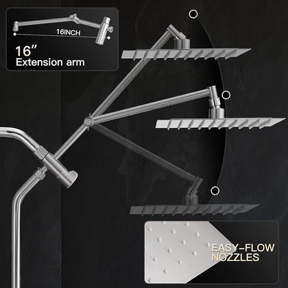 All Metal 10" Shower Head with Handheld, Built-in Power Jet Mode | Luxurious, Square, Rain Shower Heads with Spray Combo Set, High Pressure, Dual, Rainfall, with Extension Arm, Brushed Nickel