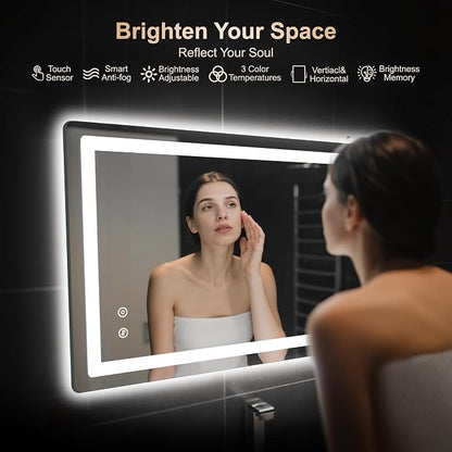 24x40 LED Bathroom Vanity Mirror with Lights, Anti-Fog, Dimmable | Front & Backlit with 3 Color Modes and Memory, 5mm Shatterproof Glass, Plug-in or Hardwired, Horizontal or Vertical