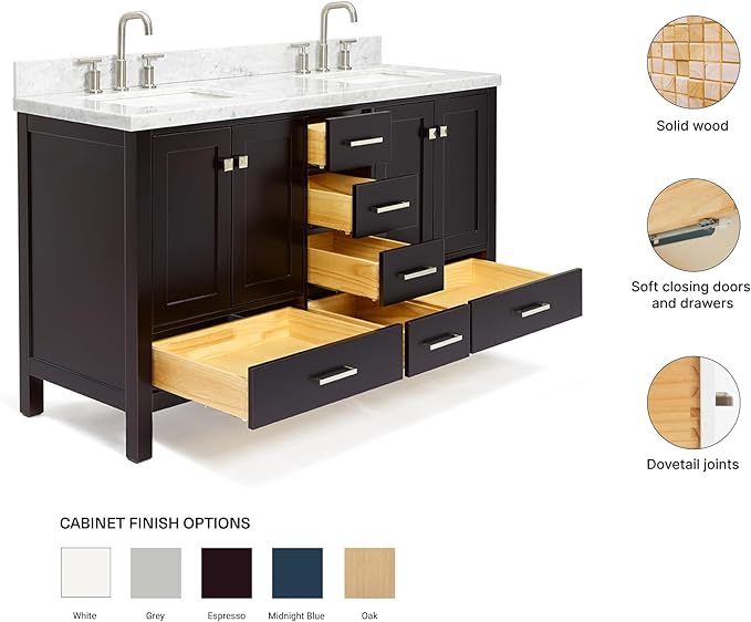 ARIEL Cambridge 60-inch Bathroom Vanity with Sink,Solid Wood, 1.5-inch Italian Carrara Marble Countertop, Double Rectangular Porcelain Sink, 4 Soft Closing Doors, 6 Dovetail Drawers, Espresso