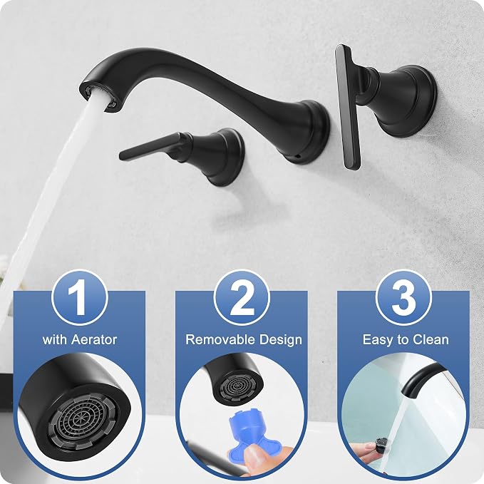 Brass Tub Filler Wall Mount 3 Hole, Farmhouse Black Tub Faucet, High Pressure 2 Handle Matte Black Bathtub Faucet Set with Long Spout Reach, Rough-in Valve