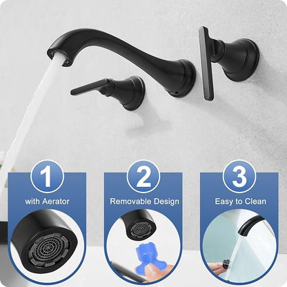 Brass Tub Filler Wall Mount 3 Hole, Farmhouse Black Tub Faucet, High Pressure 2 Handle Matte Black Bathtub Faucet Set with Long Spout Reach, Rough-in Valve