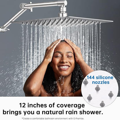 G-Promise 12 Inch All Metal Rain Shower Head with Extension Arm | Built to Last, Rust Resistant, Easy to Install, Adjustable, Full Body Coverage Large Rainfall Shower Head, Daily SPA